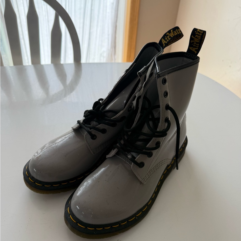 Dr. Martens Light Gray Patent 8-Eye Lace-Up Boots with Yellow Stitching